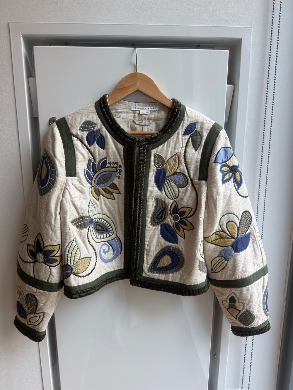 Veronica Beard Cream Cropped Jacket with Olive Trim & Blue Embroidery - Picture 3 of 8